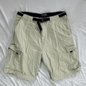 Y2K Plugg Worldwide beige cargo shorts with built-in black web belt.